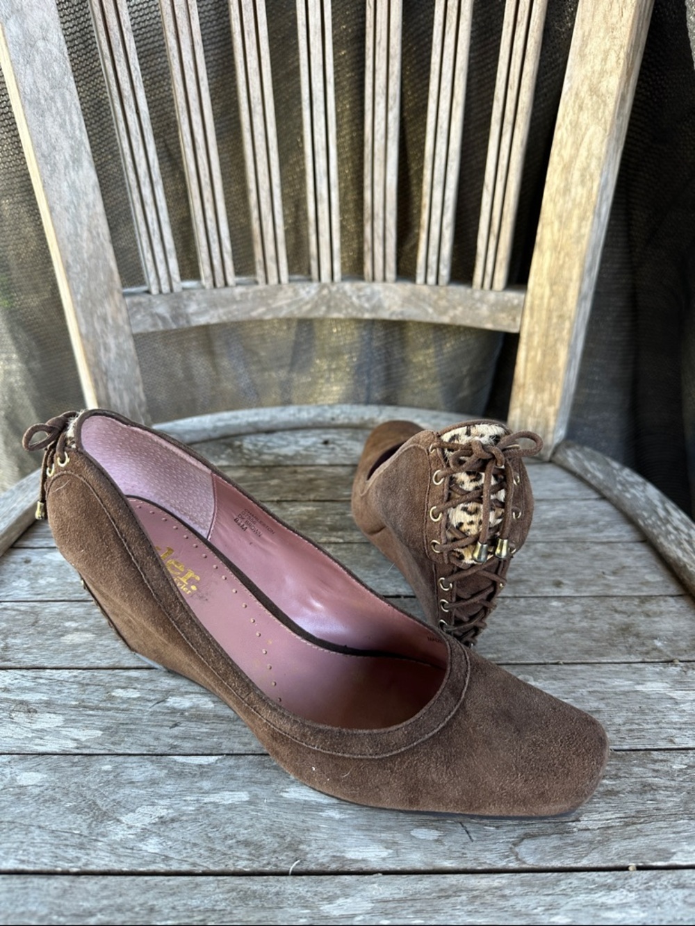 Richard Tyler Brown Suede Lace-Up Leopard Back Wedge Heels 8 1/2